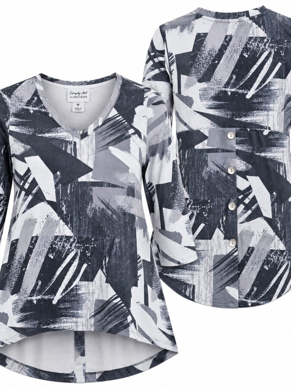 SIMPLY ART BY DOLCEZZA | Abstract High Low Button Back Long Sleeve Tunic Top | M